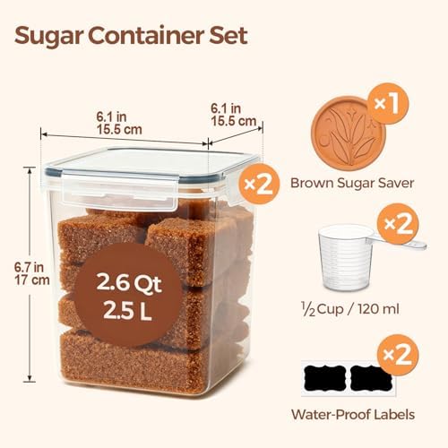 ComSaf Airtight Brown Sugar Containers with Terra Cotta Saver 2.6Qt 2Pack