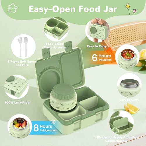 Kids Bento Box with Food Jar, Water Bottle, Lunch Bag,Dinosaur