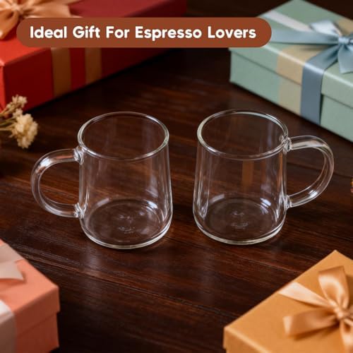 Glass Espresso Cups Set of 2, 3 oz Clear Espresso Shots Cup with Handle, Mini Coffee Cups Glasses Mugs, Demitasse Cups, Cappuccino Cup, Suit for Espresso Machine, Microwave Dishwasher Safe