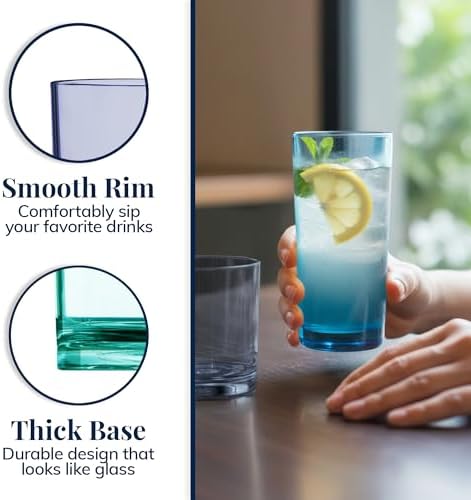US Acrylic Classic Plastic Reusable Drinking Glasses (Set of 8) 12oz Rocks & 16oz Water Cups in Coastal Colors | BPA-Free Tumblers, Made in USA | Top-Rack Dishwasher Safe