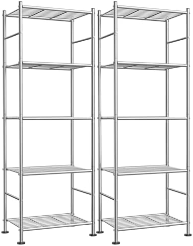 Sakugi 2-Pack 5-Tier Metal Storage Shelves, 18.4"x12.6"x57.4", Silver