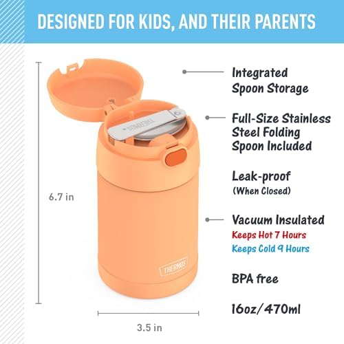 THERMOS FUNTAINER 16 Ounce Stainless Steel Vacuum Insulated Food Jar with Folding Spoon, Neon Orange (Pack of 6)