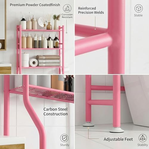 GloTika 3-Tier Over Toilet Storage, Anti-Tilt, 64" H, Pink