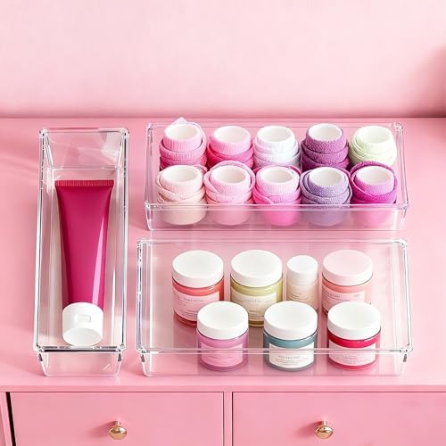 Criusia Large Drawer Organizer Bins 26 Pack | Complete 5 Size Clear Plastic Kitchen Drawer Organizers for Utensils | Bathroom Drawer Organizer Trays | Versatile for Makeup Office Organization