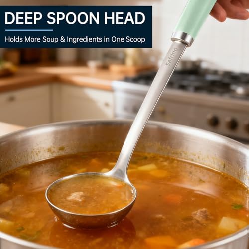 Safring Stainless Steel Soup Ladle and Spaghetti Spoon Set, Heat Resistant Rubber Handle, Dishwasher Safe, Kitchen Utensils for Cooking, Stirring, Serving Pasta, Soup & Sauce (Mint)