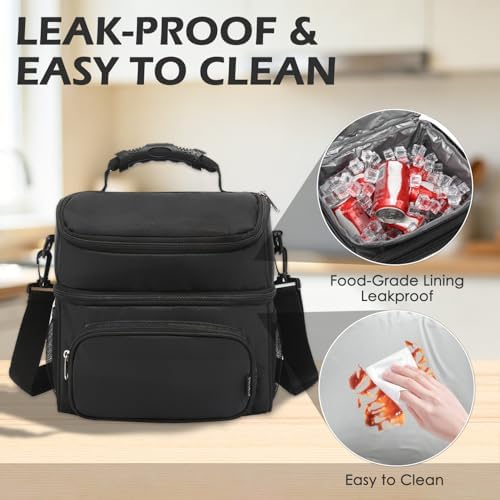 FlowFly Double Layer Cooler Insulated Lunch Bag Adult Lunch Box Large Tote Bag for Men, Women, With Adjustable Strap,Front Pocket and Dual Large Mesh Side Pockets