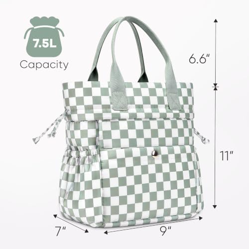 Yarnic Lunch Bag Women Lunch Box with Water Bottle Holder (Green Checkered)