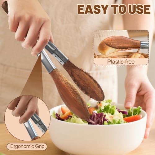 Wooden Cooking Tongs, 9 Inch Walnut Tips Heat Resistant Grilling