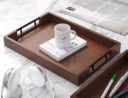 Fibogollo Bamboo Serving Trays with Metal Handles,Large(Brown)