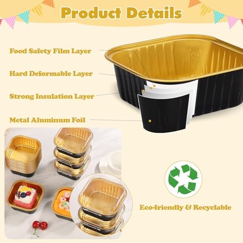 selizo 60 Pack 10oz Mini Disposable Cake Pans with Lids, Aluminum Foil Square Baking Cups, 4.4x4.4 Large Baking Cake Tins Cup Cake Containers with Lids for Individual Cakes, Black