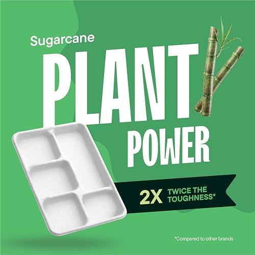 100% Compostable 5-Compartment Tray [125-Pack] Heavy Duty Bagasse Plates