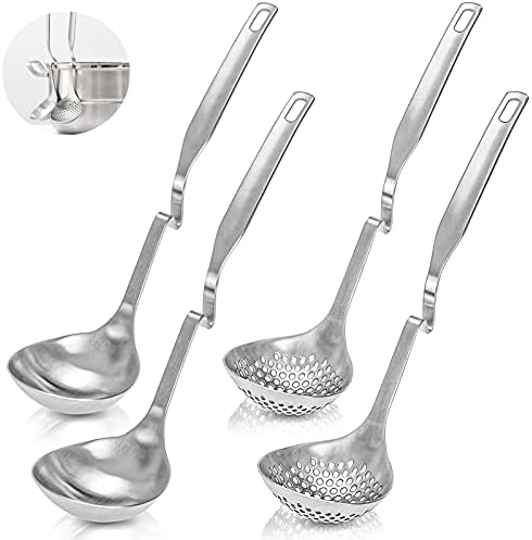 Peohud 4 Pack Soup Ladle Soup Colander, SUS304 Stainless Steel Slotted Hot Pot Ladle Strainer Scoops, Thickening Cooking Skimmer Cookware Utensil for Hotpot Scooping Sauce Serving, 12 Inch