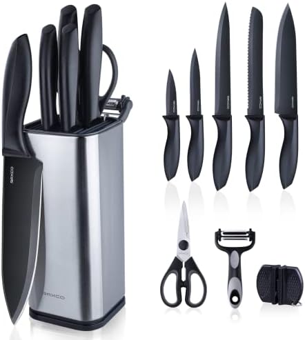 RAXCO Knife Set,10-Piece Stainless Steel Kitchen Knife Set with Block,Black