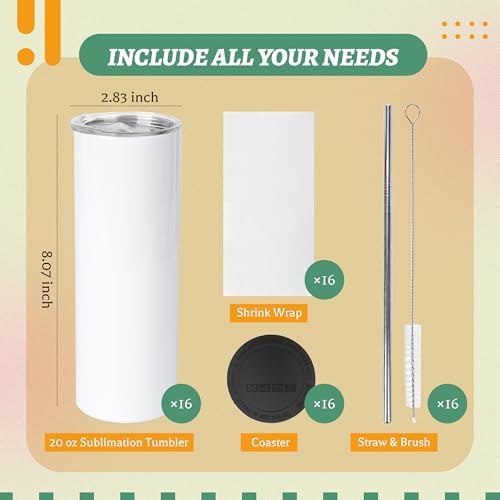 Joyclub 20 oz Sublimation Tumbler Blank 16 Pack Flat Edge Skinny Straight