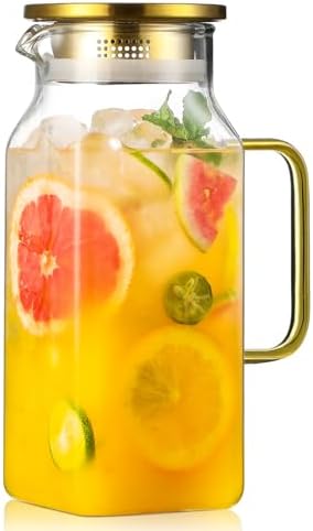 40 oz,1.2Liter Square Glass Pitcher with Lid and Spout, Water Pitchers with Handle for Fridge, Borosilicate Glass Carafe for Hot/Cold Drink, Large Jug for Iced Tea, Coffee, Beverage, Cold