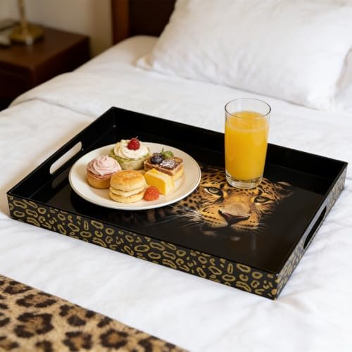 Serving Tray with Handles, 15.7 * 11.8 inches, Plastic Ottoman Tray with Exquisite Paintings, Trays for Coffee Table