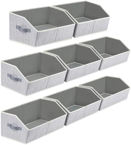 Homsorout Trapezoid Bins for Organization - 8 Pack Storage Cubes, Decorative Fabric Organizer Bins, Large Baskets for Storage, Linen Storage Organizer for Clothes, Books, Home, Light Gray