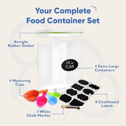 Chef's Path Kitchen Storage Box Set of 4 Extra Large Airtight Food Storage Jars for Sugar Flour Cereal Rice - Measuring Spoons, Pen and Food Preservation Labels (5.2 L)