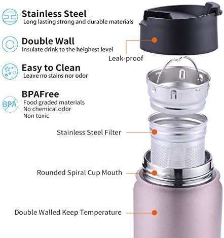 Sivaphe Infuser Travel Mug with Removable loose leaf Tea Strainer Tea Filter Water Bottle 18/8 Stainless Steel Insulated Tumbler for Women Rosegold