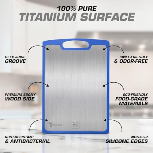 Titanium Cutting Boards for Kitchen - Dual Sided Cutting Board with Pure Titanium and Wood Surface, Durable Chopping Board, Easy to Clean with Juice Groove - Large 15 x 10 (Blue)