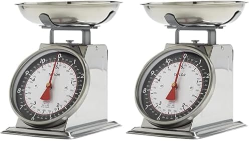 Taylor Mechanical Kitchen Food Scale with Bowl, Weighs Up to 11lbs, Measures in Grams and Ounces, Analog Cooking Scale for Baking, Black and Silver (Pack of 2)