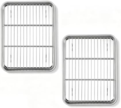 Onader Small Baking Cookie Sheet with Rack Set of 2, Stainless Steel 1/8 Sheet Pans for Baking, 9¼ x 7 Inch Metal Toaster Oven Tray with Cooling Rack, 2 Pans + 2 Racks