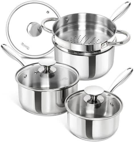MICHELANGELO Saucepans with Lids & Steamer 7Pcs, Stainless Steel Pot Set with Triply Bottom, 3 Quart Saucepan with Steamer, 18/10 Saucepan Set Induction Compatible - 1QT & 2QT & 3QT