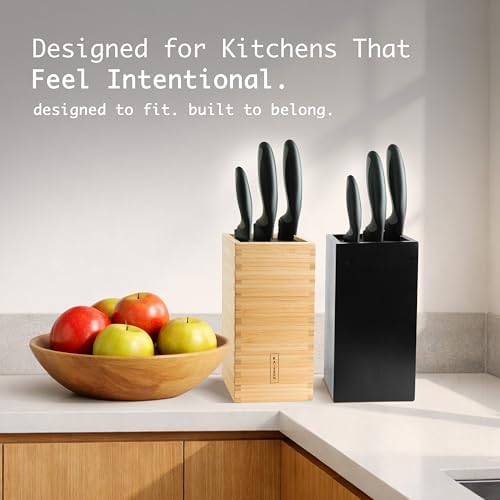 KAIZEN Bamboo Knife Block Without Knives - Perfectly Sized Universal Knife Holder for Knives, Scissors - Unique Knife Storage for Counter Top with Anti-Slip Base (Black)