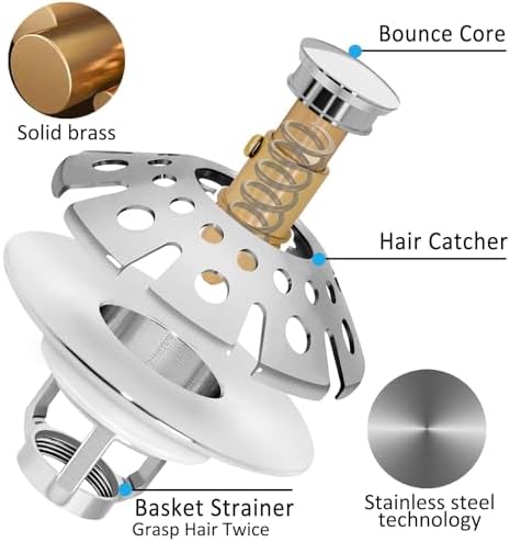 AzWzz Bathroom Sink Stopper with Hair Catcher, Pop Up Sink Drain Strainer