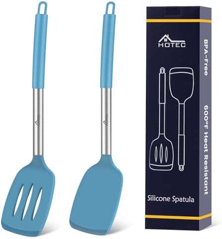 HOTEC Silicone Spatula Set of 2 Heat-Resistant 600°F & BPA-Free Kitchen SaptulaTurner with Stainless Steel Handles, Slotted & Solid Spatulas for Nonstick Cookware, 13.7 Inch, Blue