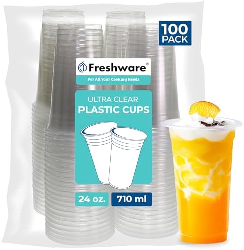 Freshware Clear Plastic Cups [100 Pack - 24 oz] Disposable Cups for Iced Coffee, Smoothie, Milkshake, Cold Drinks