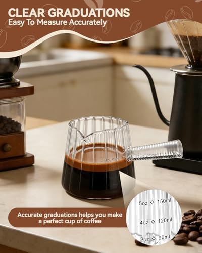 2 PCS Espresso Measuring Cup 6 Oz, Espresso Glass Cups with Glass Handle, Milk Frothing Cup, Espresso Cup for Coffee, Milk, Tea or Maple Syrup Serving (Pure Transparent Color)