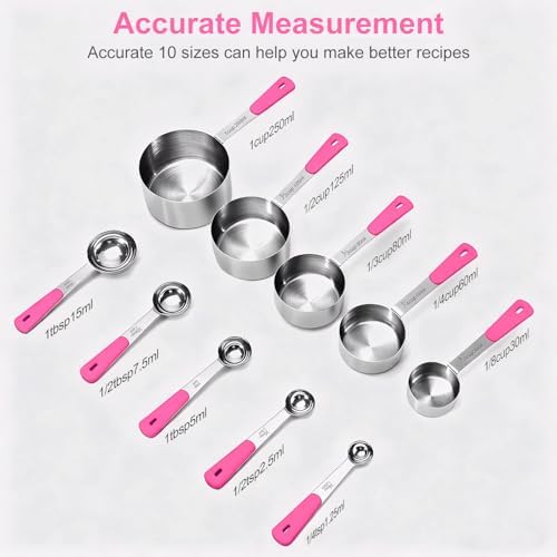 Bopei 10-Pcs Stainless Steel Measuring Cups & Spoons Set, Pink Handles