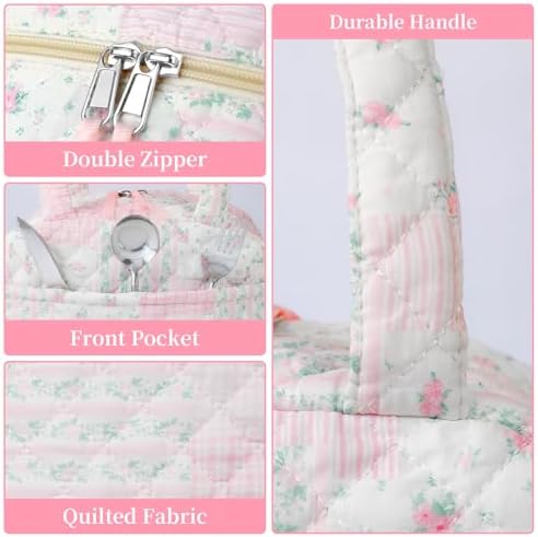 WOBAGMEN Quilted Lunch Box for Women,Coquette Aesthetic Lunch Box for Teen Girls,Cute Pink Floral Patchwork Lunch Bags for Work, School,Office,Picnic,Travel (pink floral pin)