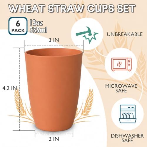 Wrova Wheat Straw Cups 6 PCS Good Alternative to Plastic Reusable Cups 12 oz Unbreakable Drinking Cup Reusable Dishwasher Safe Water Plastic Glasses Orange