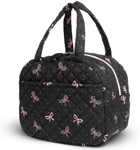 WOBAGMEN Quilted Lunch Box for Women,Coquette Aesthetic Lunch Box for Teen Girls,Cute Floral Lunch Bags for Work, School,Office,Picnic,Travel (black bow polka dots)