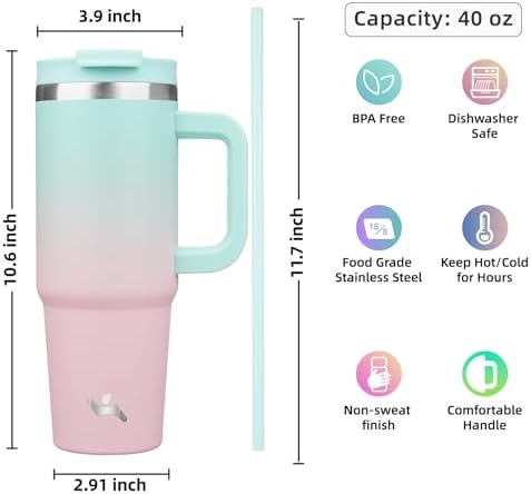 Konokyo 40 oz Insulated Tumbler Water Bottle with Handle, Straw Lid