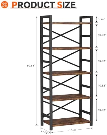 Organization and Storage, 5 Tier Bookshelf, Tall Bookcase with Shelves, Wood and Metal Book Shelf Storage Organizer, Industrial Display Standing Shelf Unit for Bedroom, Living Room, Rustic Brown