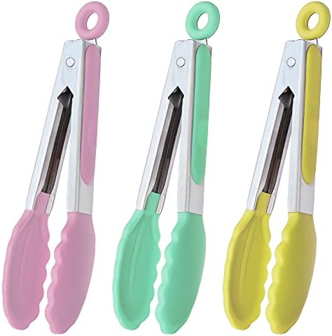 HINMAY Small Tongs with Silicone Tips 7-Inch Serving Tongs, Set of 3