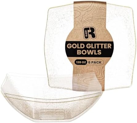 R-kay 6 Pack Extra Large Gold Glitter Serving Bowl - 128 Ounce Gold Plastic Serving Bowls For Entertaining - Plastic Bowls For Salads And Snacks - Disposable bowls For All Occasions