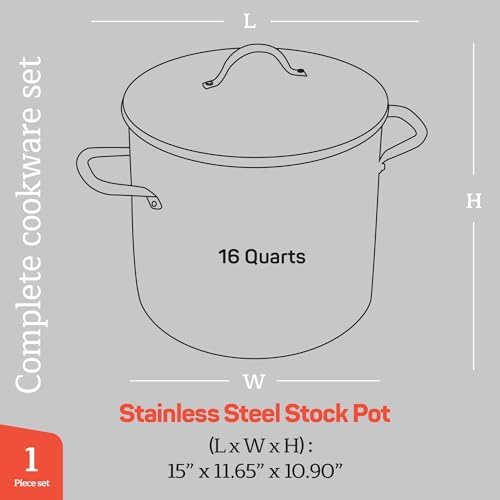 Stainless Steel Stockpot with Tempered Glass Lid 16 Quart, Durable 18/0 Stainless Steel, Impact-Bonded Base for Even Heating, Riveted Handles, Oven & All Stove Compatible, Safe Up To 500°F (260°C)