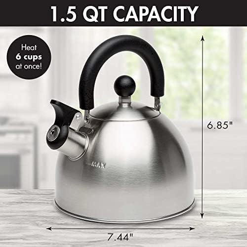 Primula Stewart Whistling Tea Kettle for Stovetop, Stainless Steel Stove Top Kettle with Fast Boil Whistling Spout and Cool Touch Folding Handle, 1.5-Quart, Brushed Silver with Black Handle