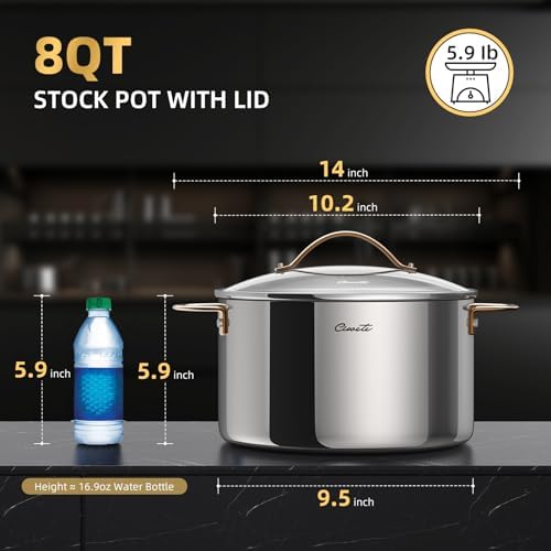 Ciwete 8 Quart Stock Pot with Lid, Upgraded Tri-Ply Stainless Steel Pot, Seamless Soup Pot with Stay-Cool Brass Handle, Healthy Polished Stockpots, Induction Cookware, Oven and Dishwasher Safe