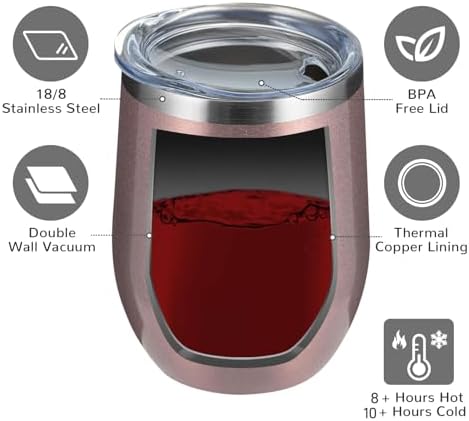 MEWAY Stemless 12 OZ Wine Tumbler Glasses with Lid -Insulated Double Wall Vacuum Stainless Steel Travel Tumbler with Straw,for Woman Under 10 dollars (Rose gold,1)