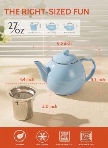 Sweese Porcelain Teapot 27 oz with Infuser for Loose Leaf Tea, Bluish Grey