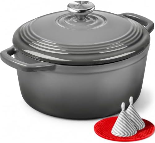 Overmont Enameled Cast Iron Dutch Oven - 5.5QT Pot with Lid Cookbook, Grey