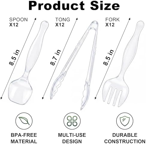 36Pcs Disposable Plastic Serving Utensils Set, 12 Clear Spoons, 12 Forks, 12 Tongs, 9-Inch for Party Buffet Catering Events, Heavy Duty and Ergonomic Design