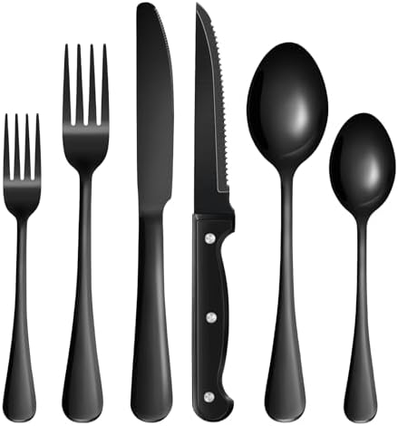 24-Piece Black Silverware Set with Steak Knives Black Stainless Steel Flatware Set for 4 Food Grade Tableware Cutlery Set Rust-proof, Mirror Polished, Dishwasher Safe