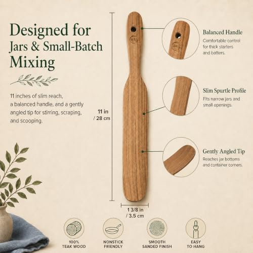 FAAY Teak Wooden Skinny Spurtle Spatula for Sourdough Starter & Jars