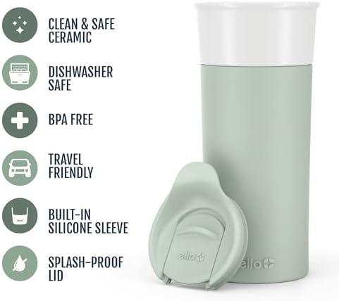 Ello Ogden 16oz Ceramic Travel Mug with Slider Lid and Sleeve, Honeydew